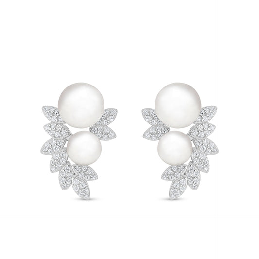 Sterling Silver 925 Earring Rhodium Plated Embedded With Natural White Pearl And White Zircon