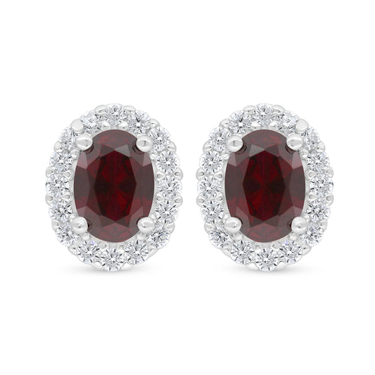 Sterling Silver 925 Earring Rhodium Plated Embedded With Ruby Corundum And White Zircon