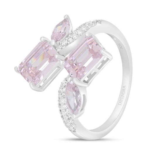 Sterling Silver 925 Ring Rhodium Plated Embedded With Pink Zircon And White Zircon