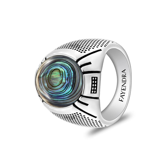 Sterling Silver 925 Ring Rhodium And Black Plated Embedded With Cabochon Paua Shell For Men