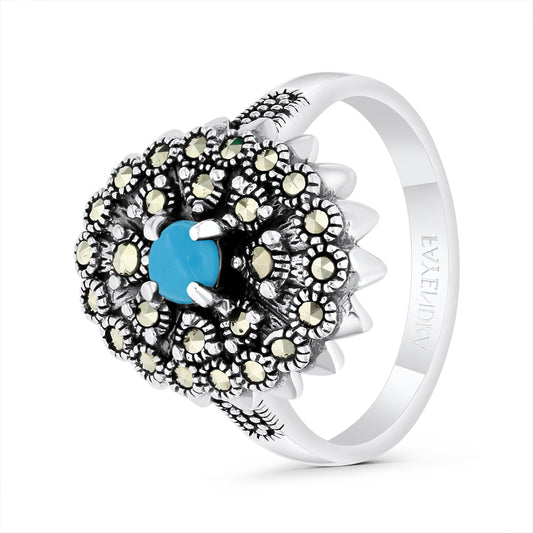 Sterling Silver 925 Ring Embedded With Natural Processed Turquoise And Marcasite Stones