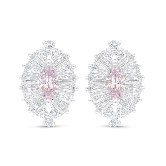 Sterling Silver 925 Earring Rhodium Plated Embedded With Pink Zircon And White Zircon