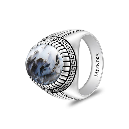 Sterling Silver 925 Ring Rhodium And Black Plated Embedded With Cabochon Natural Agate For Men