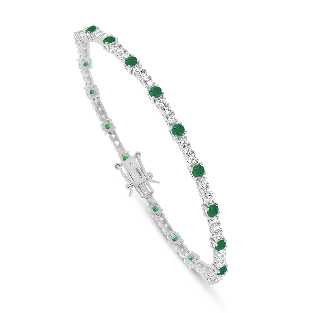 Sterling Silver 925 Bracelet Rhodium Plated Embedded With Emerald Zircon And White Zircon