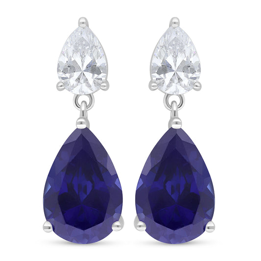 Sterling Silver 925 Earring Rhodium Plated Embedded With Sapphire Corundum And White Zircon