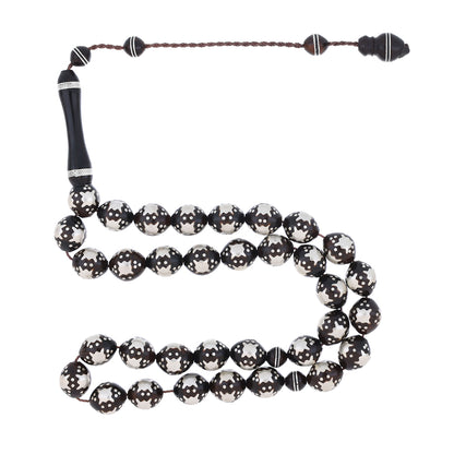 Rosary 33 Kuk Belya Bead 10 mm, Hand Carved Silver Engraved African style