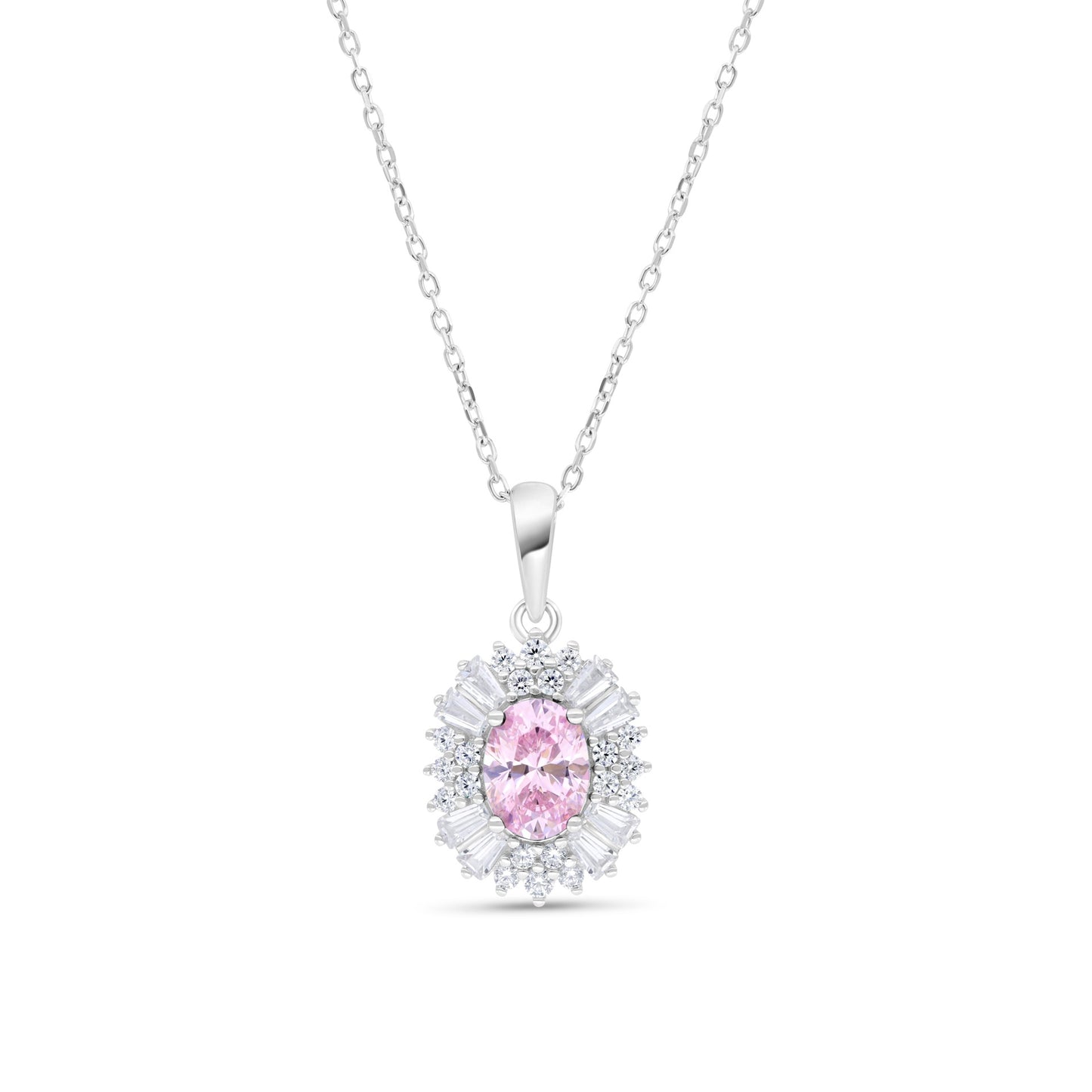 Sterling Silver 925 Necklace Rhodium Plated Embedded With Pink Zircon And White Zircon