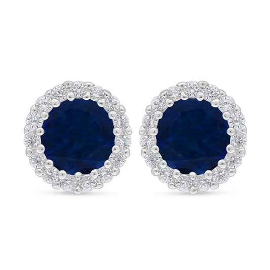 Sterling Silver 925 Earring Rhodium Plated Embedded With Sapphire Corundum And White Zircon
