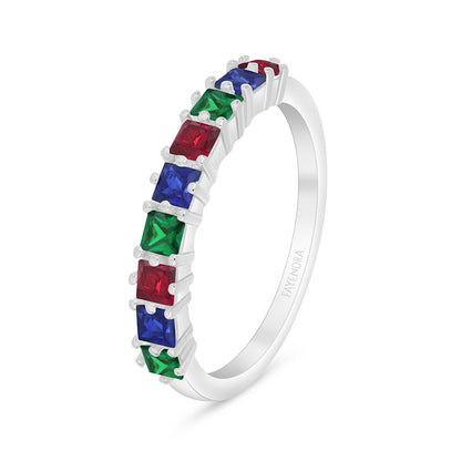 Sterling Silver 925 Ring Rhodium Plated Embedded With Emerald Zircon And Ruby Corundum And Sapphire Corundum