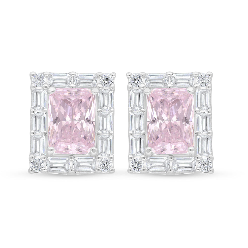 Sterling Silver 925 Earring Rhodium Plated Embedded With Pink Zircon And White Zircon
