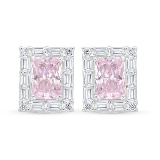 Sterling Silver 925 Earring Rhodium Plated Embedded With Pink Zircon And White Zircon