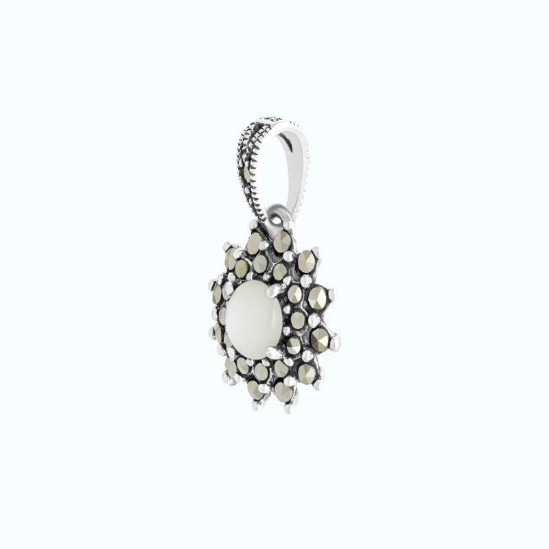 Sterling Silver 925 Pendant Embedded With Natural White Shell And Marcasite Stones