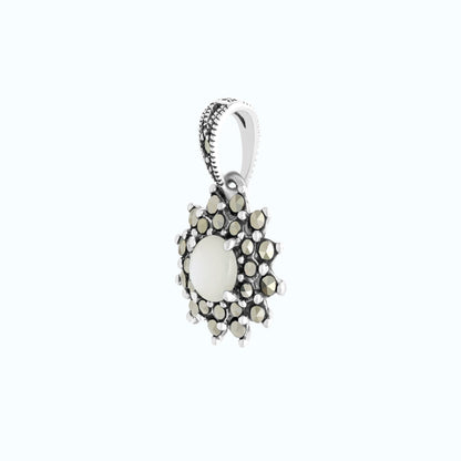Sterling Silver 925 Pendant Embedded With Natural White Shell And Marcasite Stones
