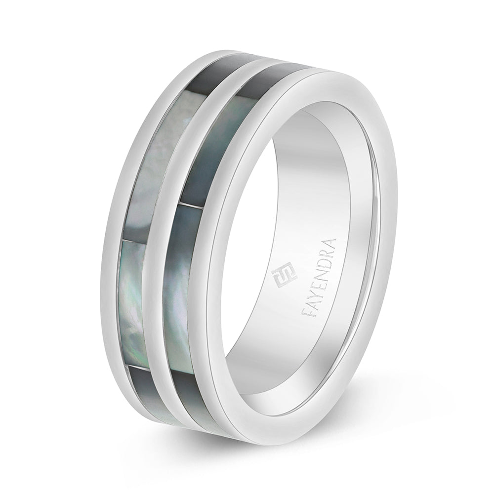 دبلة رجالي مصنوعة من التونغستان كاربيد بلون الستيل و احجار صدف ابيض