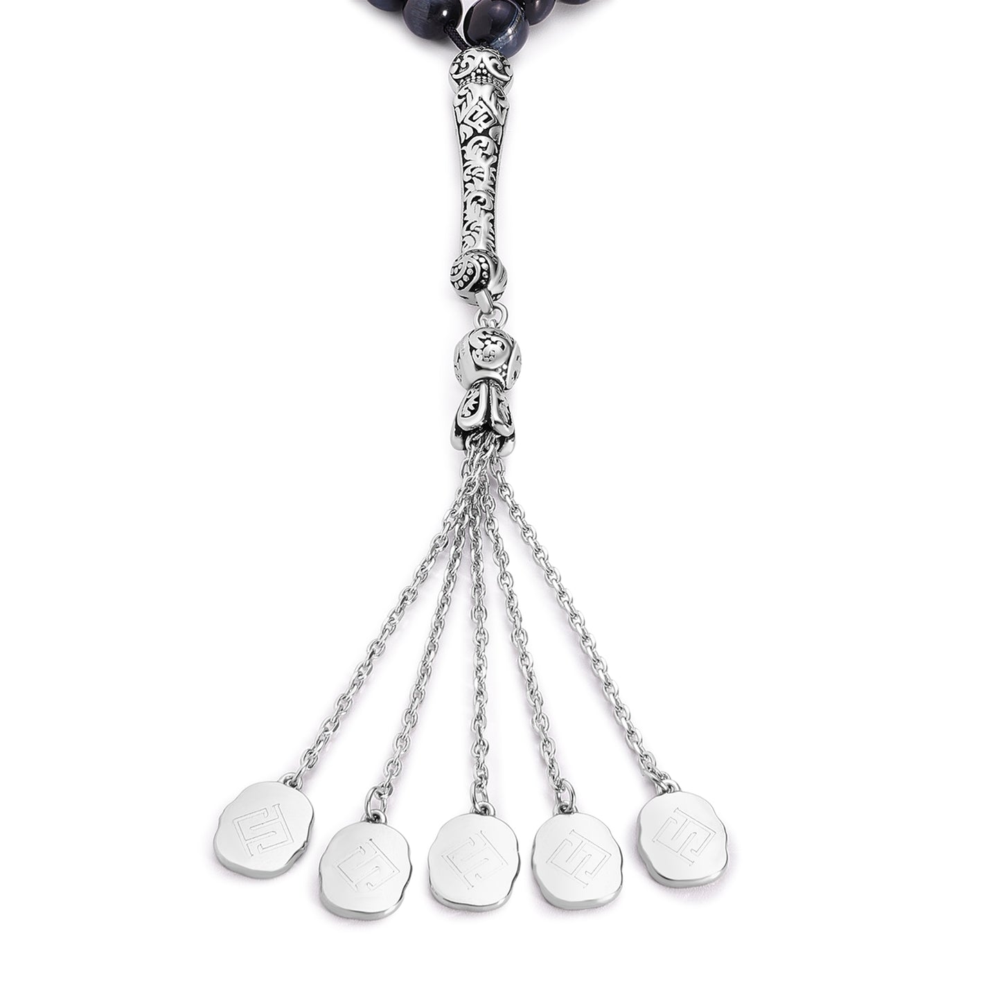 Blue Tiger Eye Rosary 45 Round Bead 8 MM Whit Stainless Steel 316L Set (Silver & Black Plated)