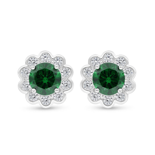 Sterling Silver 925 Earring Rhodium Plated Embedded With Emerald Zircon And White Zircon