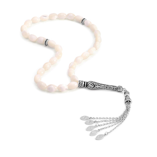 White Shell Rosary 33 Olive Beads 8*11 mm Whit Stainless Steel 316L Set (Silver & Black Plated)