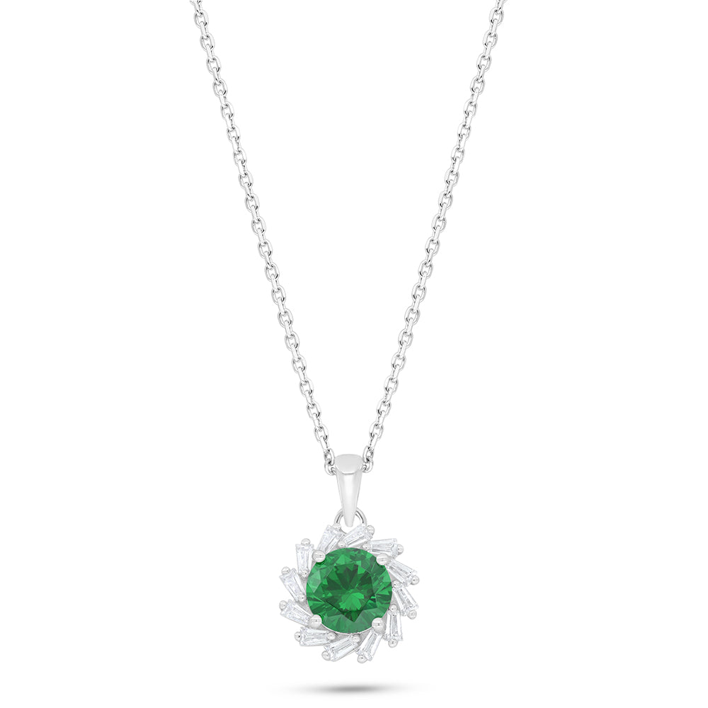 Sterling Silver 925 Necklace Rhodium Plated Embedded With Emerald Zircon And White Zircon