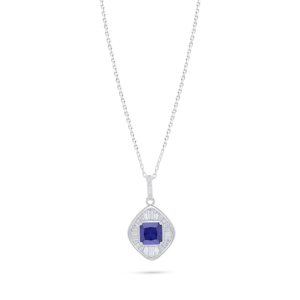 Sterling Silver 925 Necklace Rhodium Plated Embedded With Sapphire Corundum And White Zircon