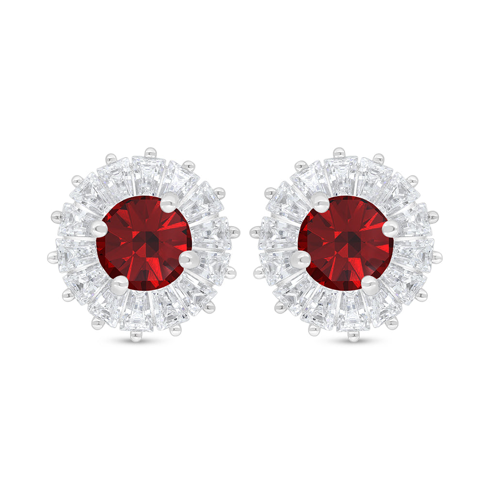 Sterling Silver 925 Earring Rhodium Plated Embedded With Ruby Corundum And White Zircon