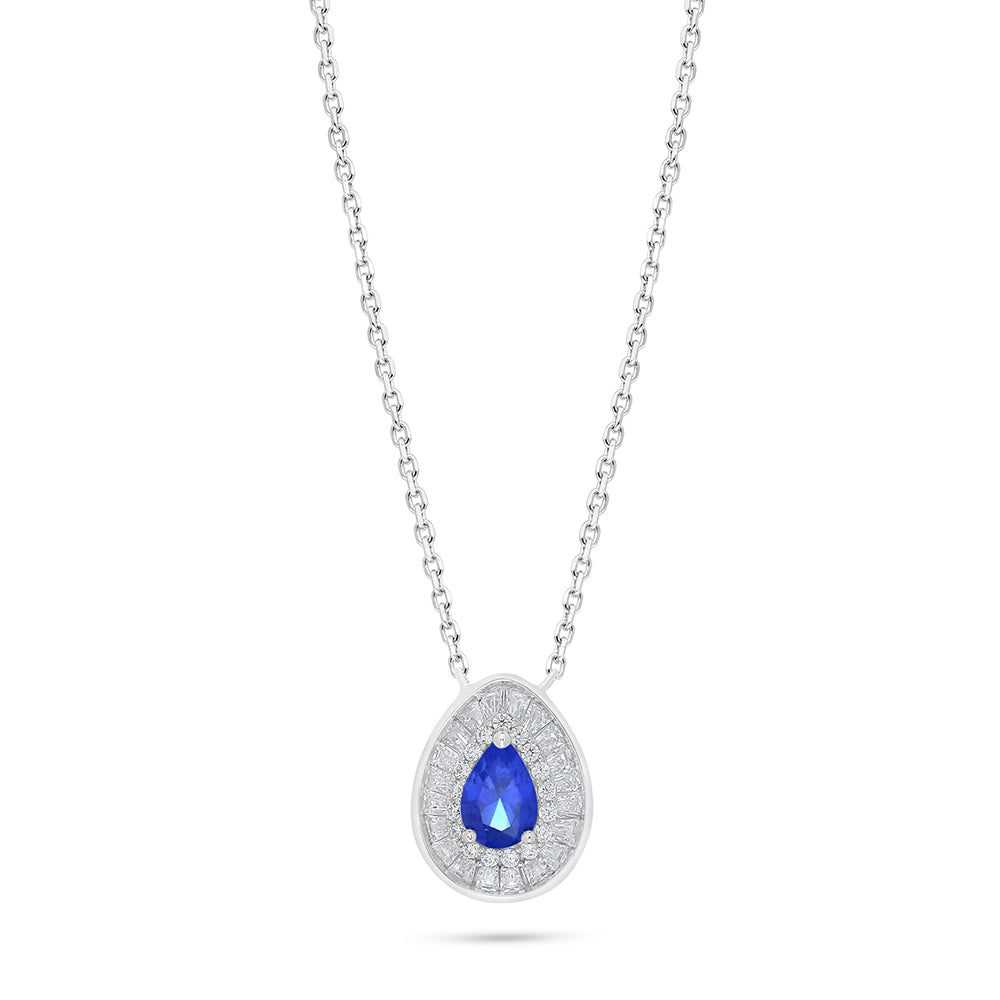 Sterling Silver 925 Necklace Rhodium Plated Embedded With Sapphire Corundum And White Zircon