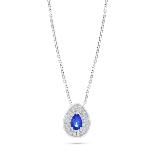 Sterling Silver 925 Necklace Rhodium Plated Embedded With Sapphire Corundum And White Zircon