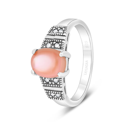 Sterling Silver 925 Ring Embedded With Natural Pink Shell And Marcasite Stones
