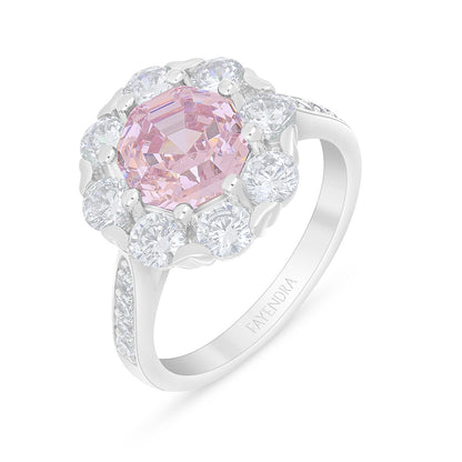 Sterling Silver 925 Ring Rhodium Plated Embedded With Pink Zircon And White Zircon