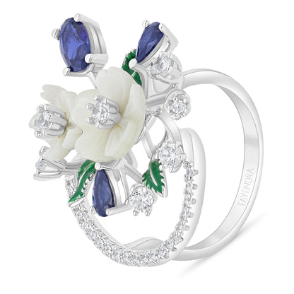 خاتم من الفضة الخالصة عيار 925 مطلي روديوم مرصع صدف ابيض و زفير كروندوم