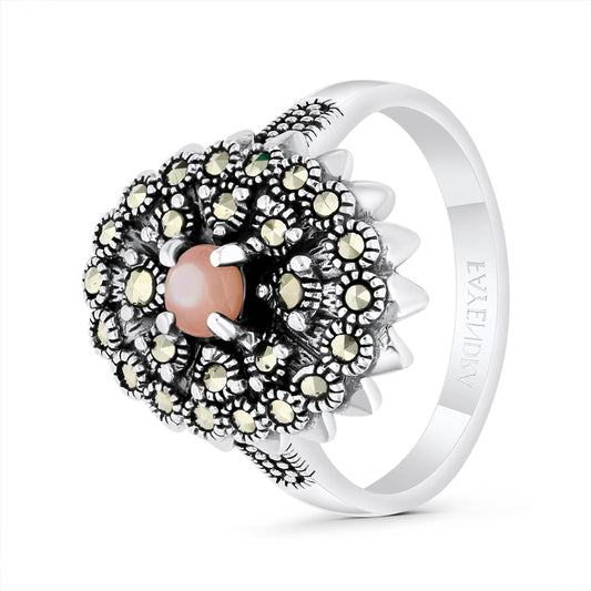 Sterling Silver 925 Ring Embedded With Natural Pink Shell And Marcasite Stones
