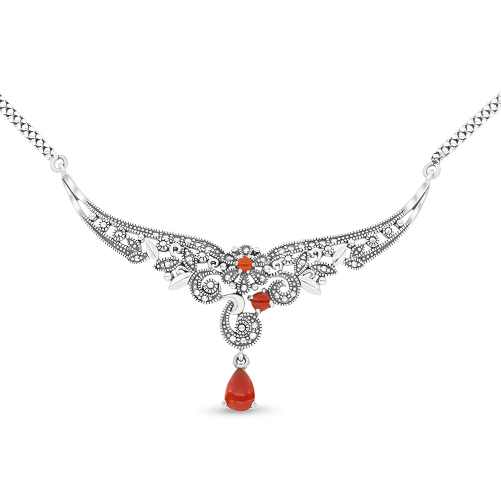 Sterling Silver 925 Set Embedded With Natural Aqiq And Marcasite Stones