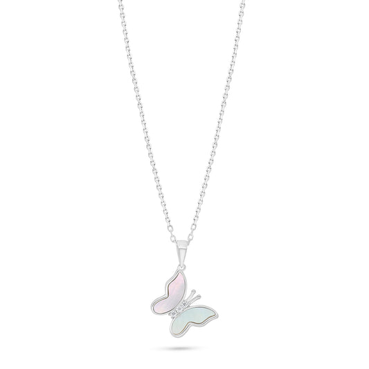 Sterling Silver 925 Necklace Rhodium Plated Embedded With White Shell And White Zircon