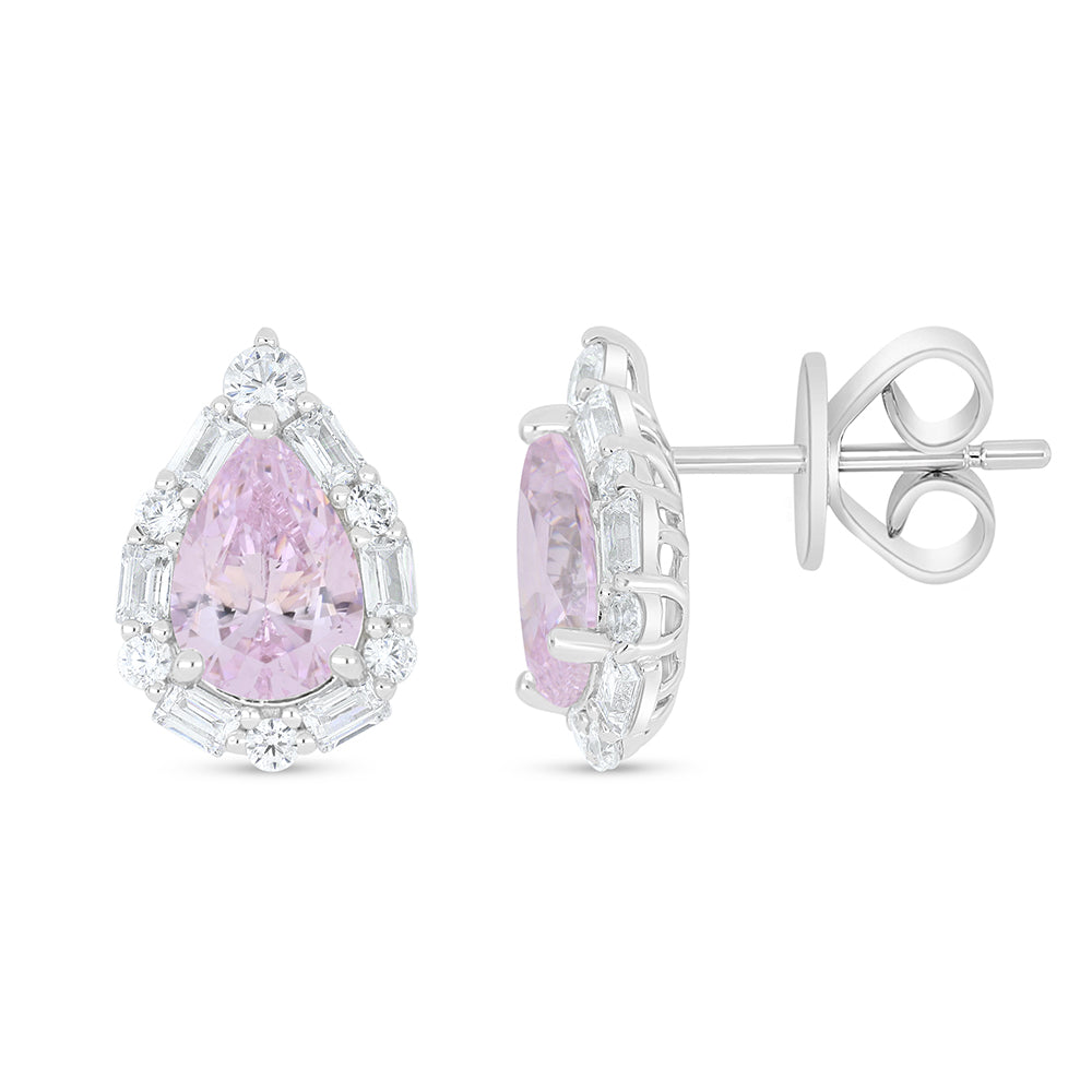 Sterling Silver 925 Earring Rhodium Plated Embedded With Pink Zircon And White Zircon