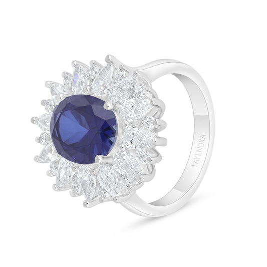 Sterling Silver 925 Ring Rhodium Plated Embedded With Sapphire Corundum And White Zircon