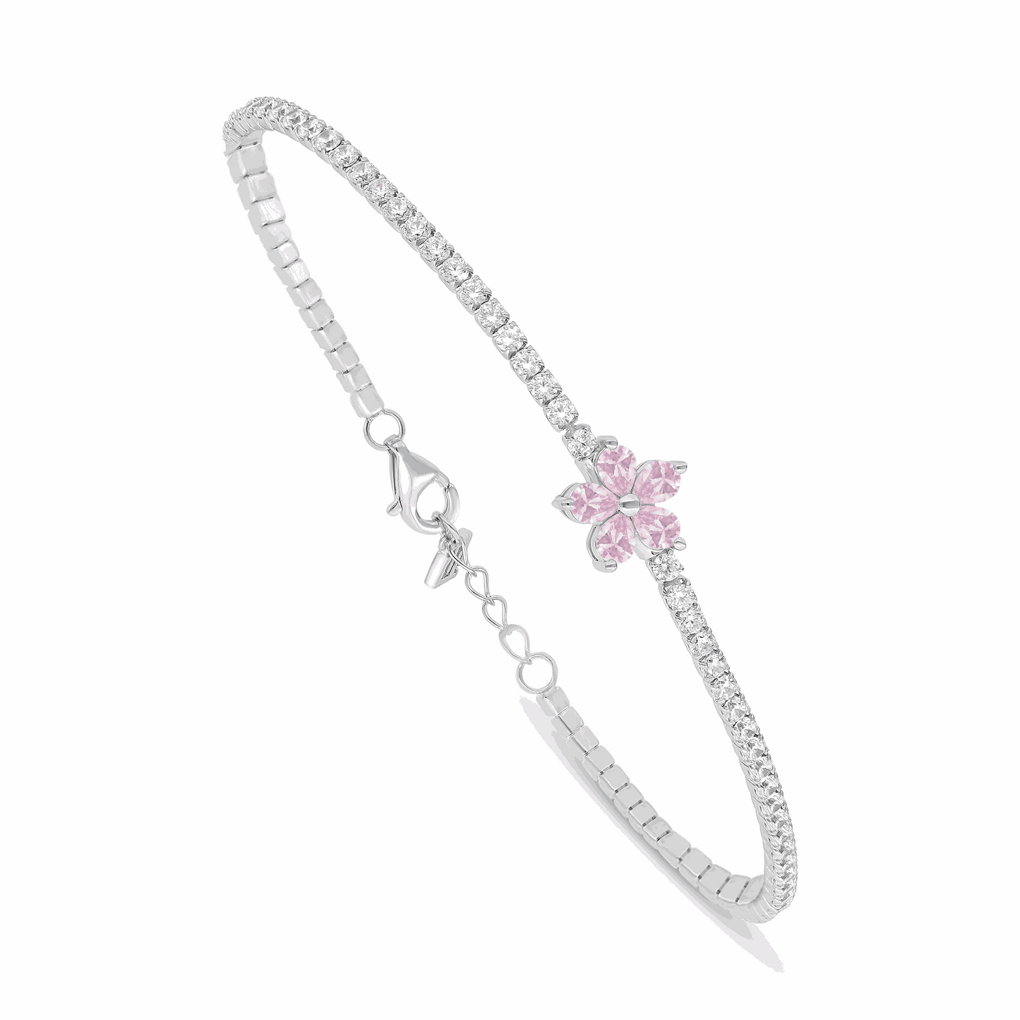 Sterling Silver 925 Bracelet Rhodium Plated Embedded With Pink Zircon And White Zircon