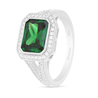 Sterling Silver 925 Ring Rhodium Plated Embedded With Emerald Zircon And White Zircon