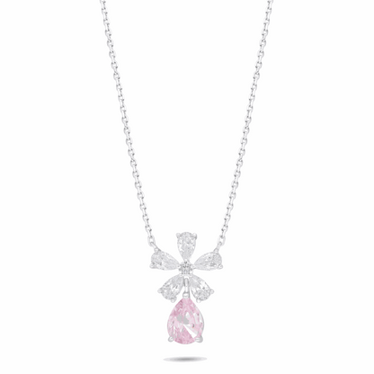 Sterling Silver 925 Necklace Rhodium Plated Embedded With Pink Zircon And White Zircon