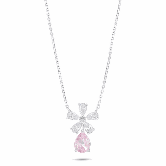 Sterling Silver 925 Necklace Rhodium Plated Embedded With Pink Zircon And White Zircon