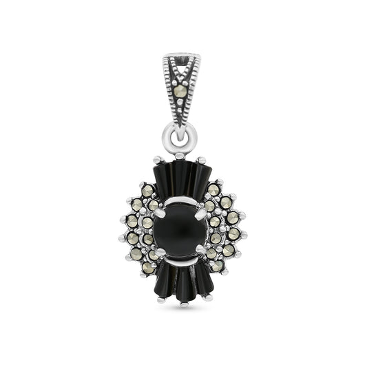 Sterling Silver 925 Pendant Embedded With Natural Black Agate And Marcasite Stones