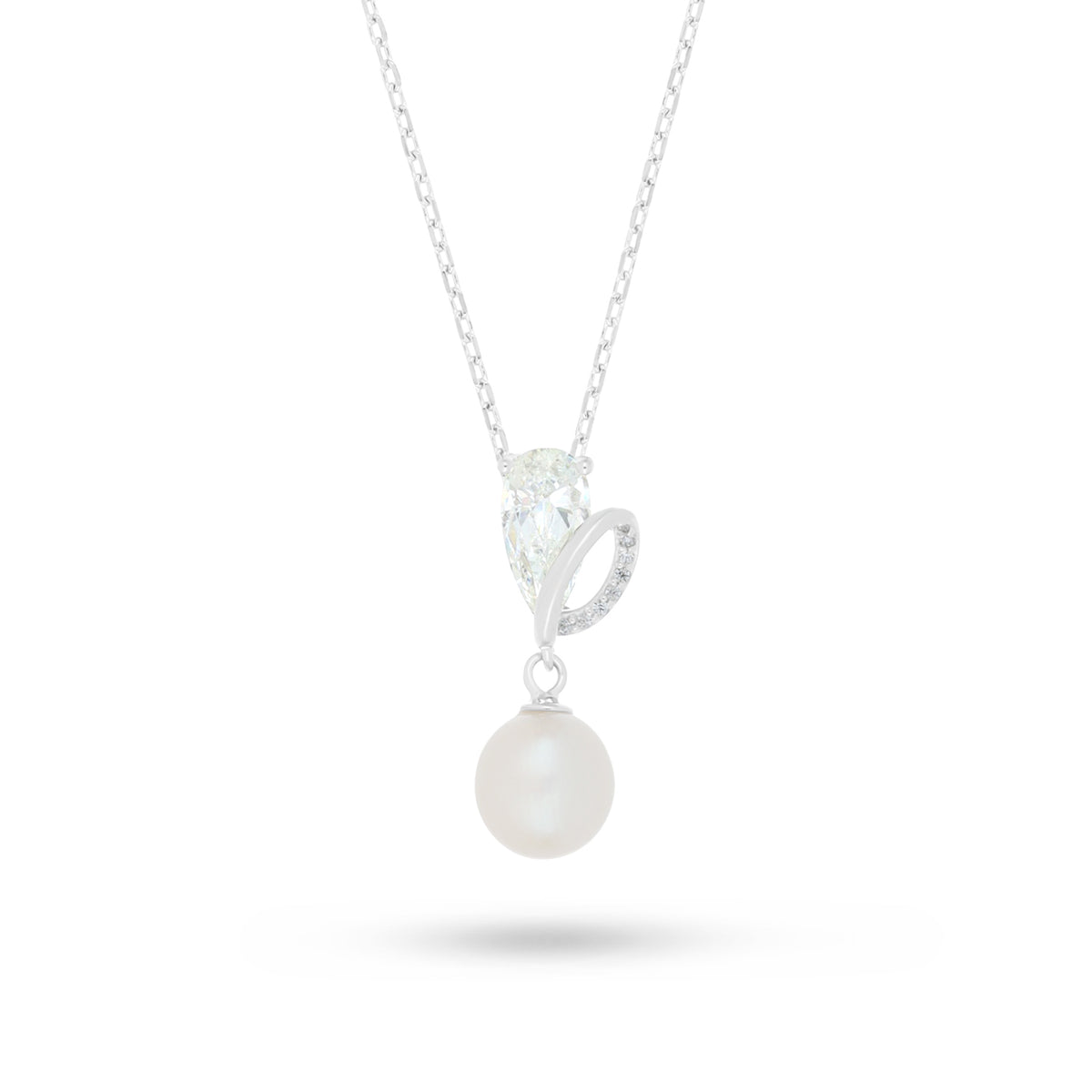 Sterling Silver 925 Necklace Rhodium Plated Embedded With Natural White Pearl,Diamond Zircon And White Zircon