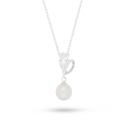 Sterling Silver 925 Necklace Rhodium Plated Embedded With Natural White Pearl,Diamond Zircon And White Zircon