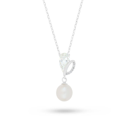 Sterling Silver 925 Necklace Rhodium Plated Embedded With Natural White Pearl,Diamond Zircon And White Zircon