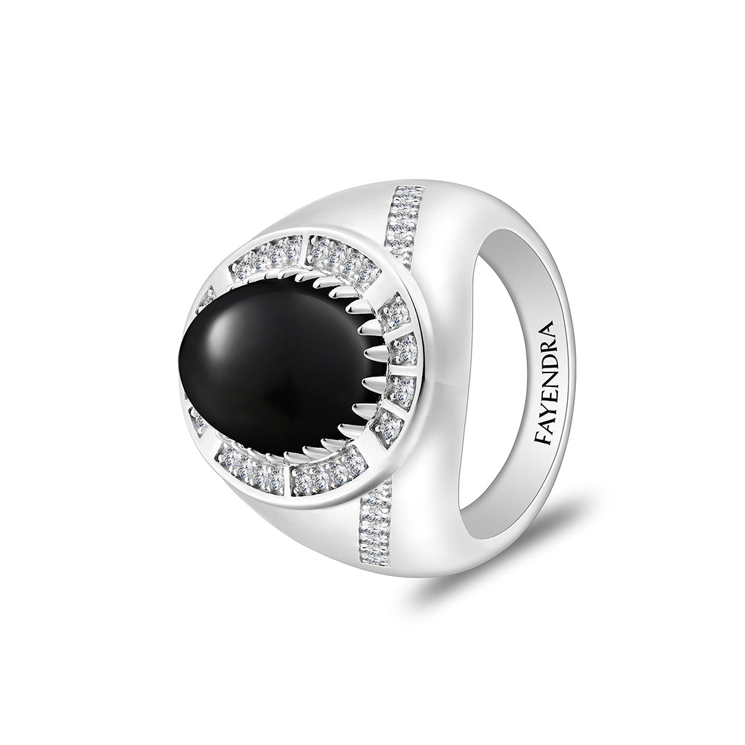 خاتم رجالي من الفضة الخالصة عيار 925 مطلي روديوم مرصع احجار عقيق اسود طبيعي كابشون و فص ابيض