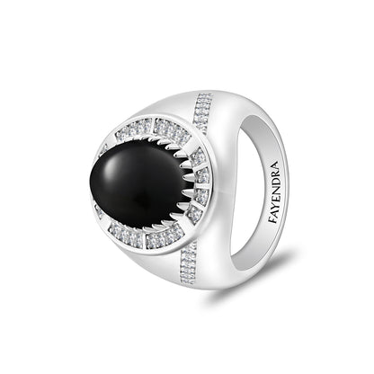 خاتم رجالي من الفضة الخالصة عيار 925 مطلي روديوم مرصع احجار عقيق اسود طبيعي كابشون و فص ابيض