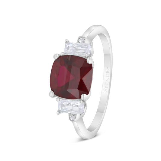 Sterling Silver 925 Ring Rhodium Plated Embedded With Ruby Corundum And White CZ