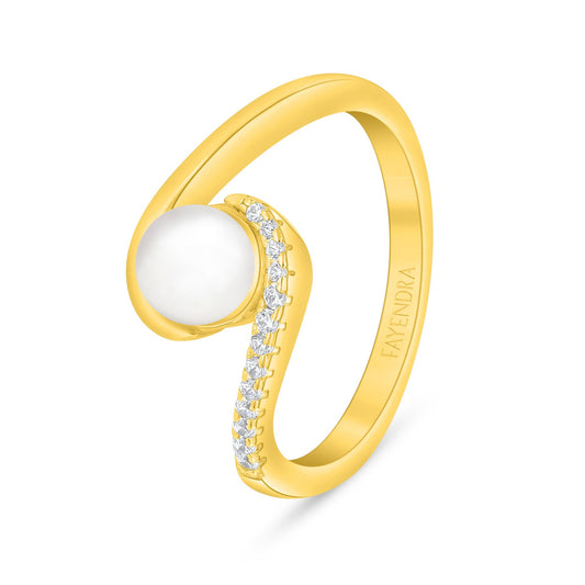 Sterling Silver 925 Ring Golden Plated Embedded With Natural White Pearl And White Zircon