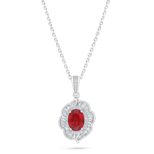 Sterling Silver 925 Necklace Rhodium Plated Embedded With Ruby Corundum And White Zircon