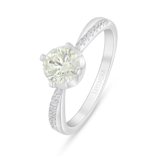 Sterling Silver 925 Ring Rhodium Plated Embedded With Yellow Diamond And White Zircon