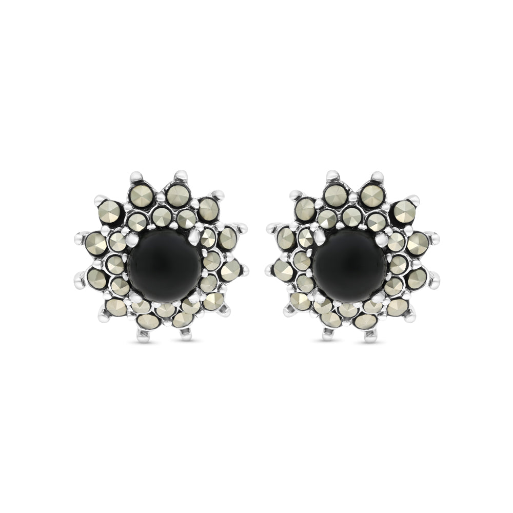 Sterling Silver 925 Earring Embedded With Natural Black Agate And Marcasite Stones