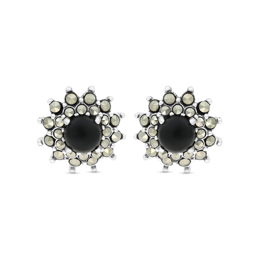 Sterling Silver 925 Earring Embedded With Natural Black Agate And Marcasite Stones